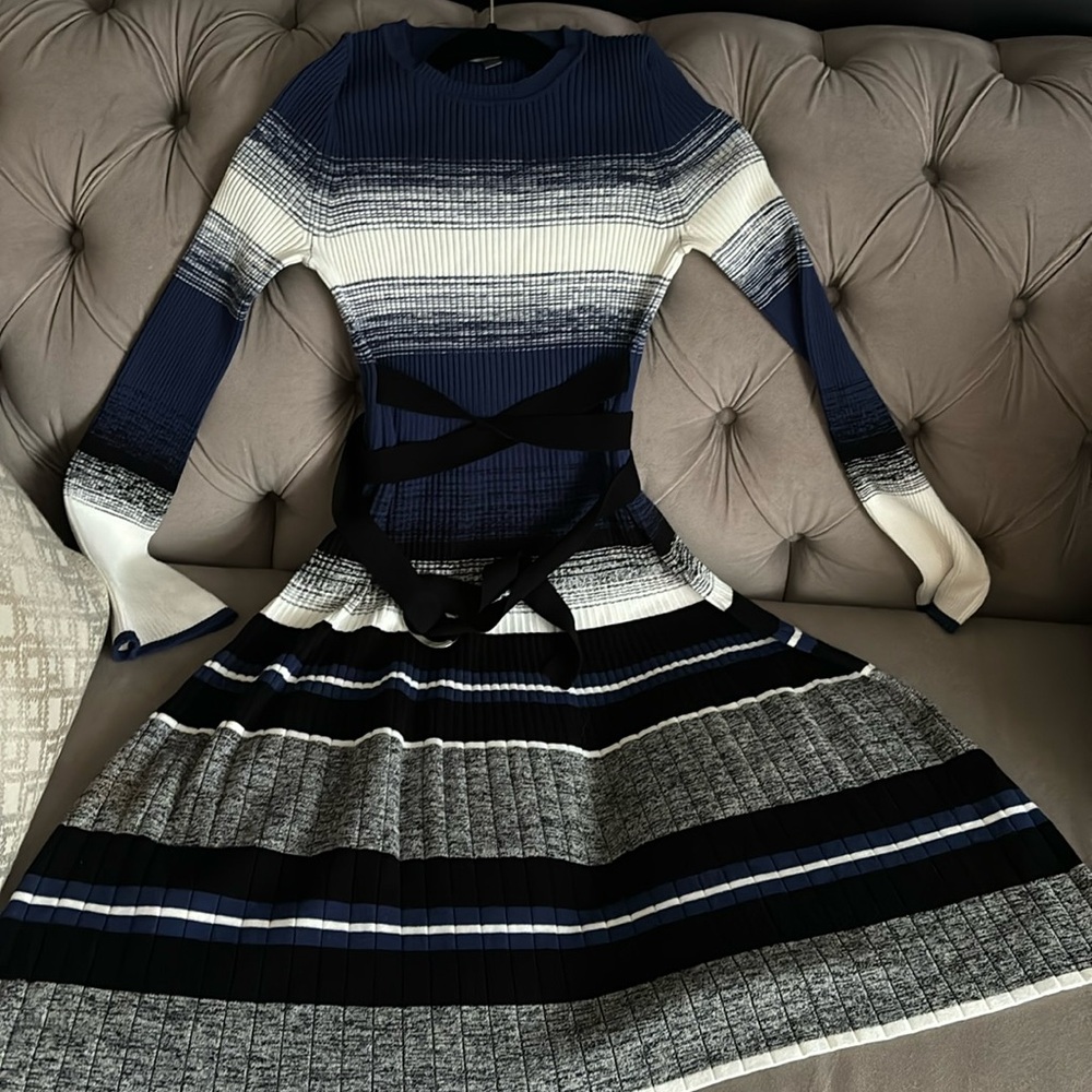 MaxMara Striped Midi Fit-and-Flare Dress in Navy, White and Gray